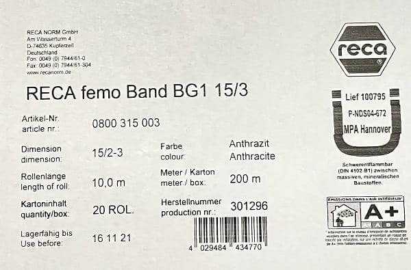 Fugendichtband 15/3mm BG1 anthrazit Recanorm Kartonaufdruck (medium)